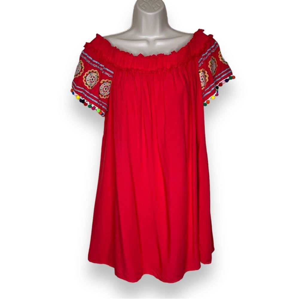 Entro Off Shoulder Pom Pom Embroidered Boho Peasant Tunic Red Orange Women Med